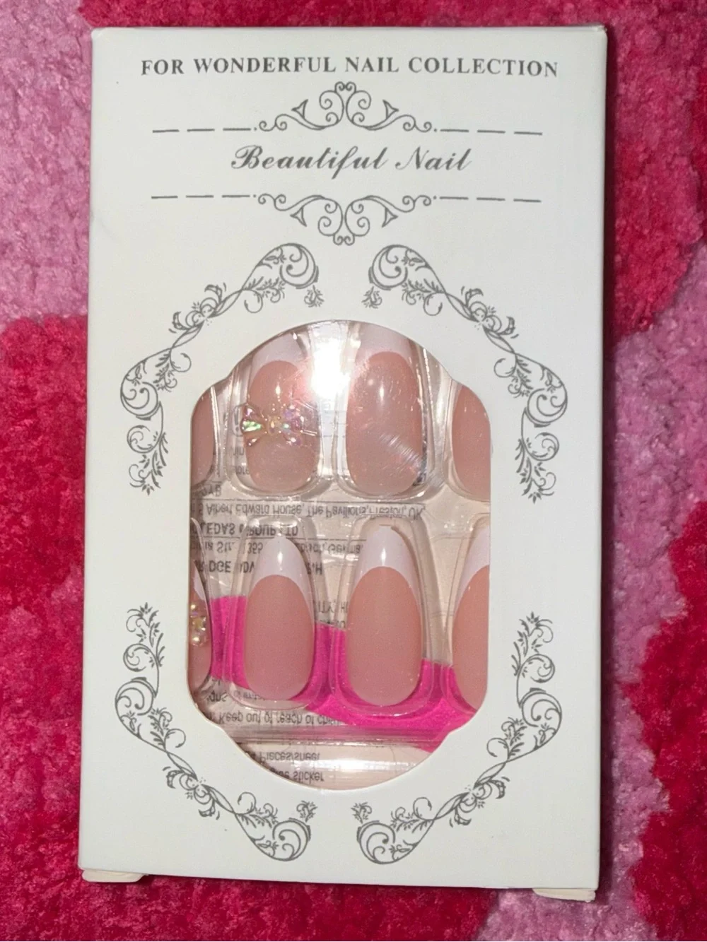 New Pink & White French Tip Press-On Nails with Rhinestone Bows